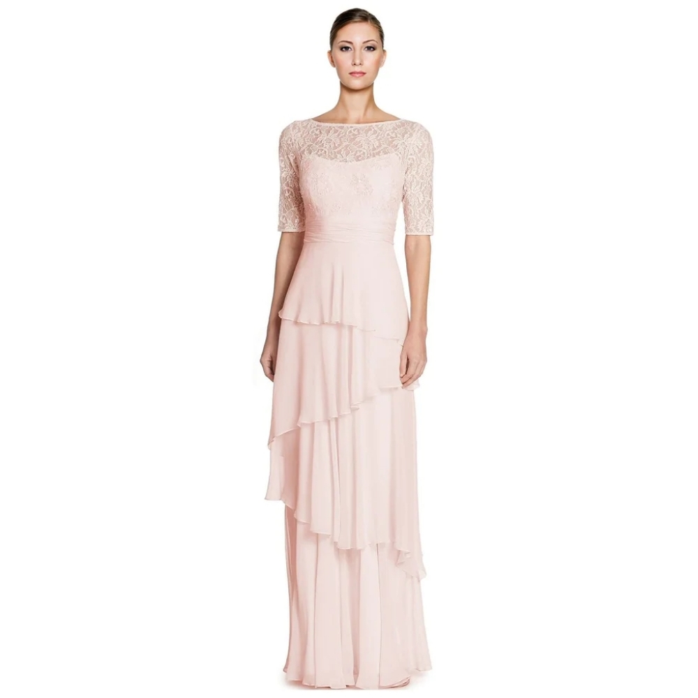 Teri Jon Lace Bodice Tiered Chiffon Evening Gown
